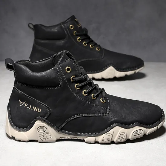 Best OUKU Men's Brown Faux Leather Lace-Up Ankle Boots | Durable Outdoor Footwear with Non-Slip Sole for Hiking and Casual Wear