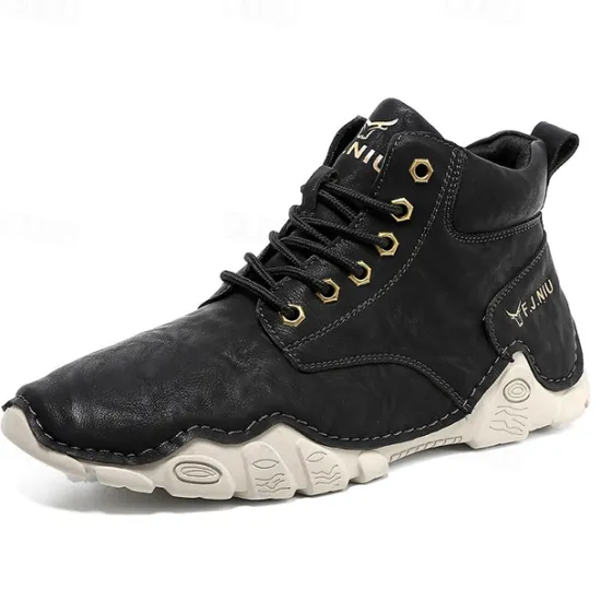 Best OUKU Men's Brown Faux Leather Lace-Up Ankle Boots | Durable Outdoor Footwear with Non-Slip Sole for Hiking and Casual Wear
