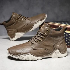 Best OUKU Men's Brown Faux Leather Lace-Up Ankle Boots | Durable Outdoor Footwear with Non-Slip Sole for Hiking and Casual Wear