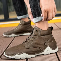 Best OUKU Men's Brown Faux Leather Lace-Up Ankle Boots | Durable Outdoor Footwear with Non-Slip Sole for Hiking and Casual Wear