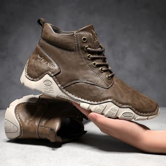 Best OUKU Men's Brown Faux Leather Lace-Up Ankle Boots | Durable Outdoor Footwear with Non-Slip Sole for Hiking and Casual Wear