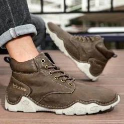 Best OUKU Men's Brown Faux Leather Lace-Up Ankle Boots | Durable Outdoor Footwear with Non-Slip Sole for Hiking and Casual Wear