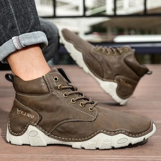 Best OUKU Men's Brown Faux Leather Lace-Up Ankle Boots | Durable Outdoor Footwear with Non-Slip Sole for Hiking and Casual Wear