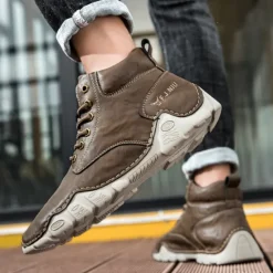 Best OUKU Men's Brown Faux Leather Lace-Up Ankle Boots | Durable Outdoor Footwear with Non-Slip Sole for Hiking and Casual Wear