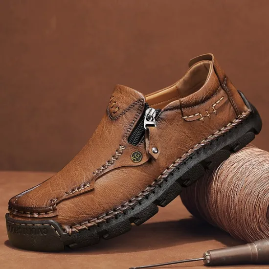 Hot OUKU Men's Brown Faux Leather Slip-On Loafers with Side Zipper and Hand-Stitched Details – Comfortable Casual Shoes for Work, Travel, and Daily Wear