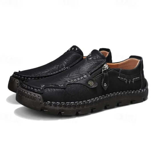 Hot OUKU Men's Brown Faux Leather Slip-On Loafers with Side Zipper and Hand-Stitched Details – Comfortable Casual Shoes for Work, Travel, and Daily Wear