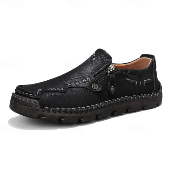 Hot OUKU Men's Brown Faux Leather Slip-On Loafers with Side Zipper and Hand-Stitched Details – Comfortable Casual Shoes for Work, Travel, and Daily Wear