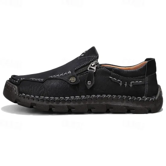 Hot OUKU Men's Brown Faux Leather Slip-On Loafers with Side Zipper and Hand-Stitched Details – Comfortable Casual Shoes for Work, Travel, and Daily Wear