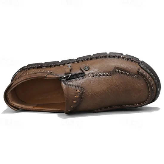 Hot OUKU Men's Brown Faux Leather Slip-On Loafers with Side Zipper and Hand-Stitched Details – Comfortable Casual Shoes for Work, Travel, and Daily Wear