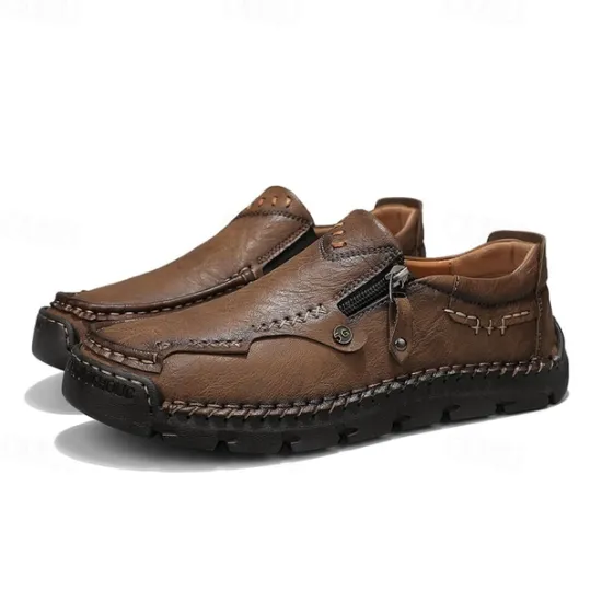 Hot OUKU Men's Brown Faux Leather Slip-On Loafers with Side Zipper and Hand-Stitched Details – Comfortable Casual Shoes for Work, Travel, and Daily Wear