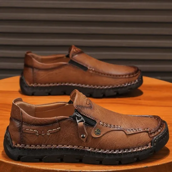 Hot OUKU Men's Brown Faux Leather Slip-On Loafers with Side Zipper and Hand-Stitched Details – Comfortable Casual Shoes for Work, Travel, and Daily Wear