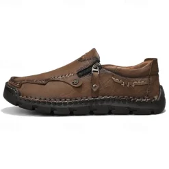 Hot OUKU Men's Brown Faux Leather Slip-On Loafers with Side Zipper and Hand-Stitched Details – Comfortable Casual Shoes for Work, Travel, and Daily Wear