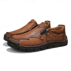 Hot OUKU Men's Brown Faux Leather Slip-On Loafers with Side Zipper and Hand-Stitched Details – Comfortable Casual Shoes for Work, Travel, and Daily Wear
