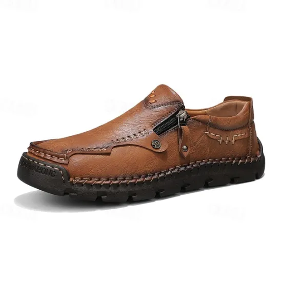 Hot OUKU Men's Brown Faux Leather Slip-On Loafers with Side Zipper and Hand-Stitched Details – Comfortable Casual Shoes for Work, Travel, and Daily Wear
