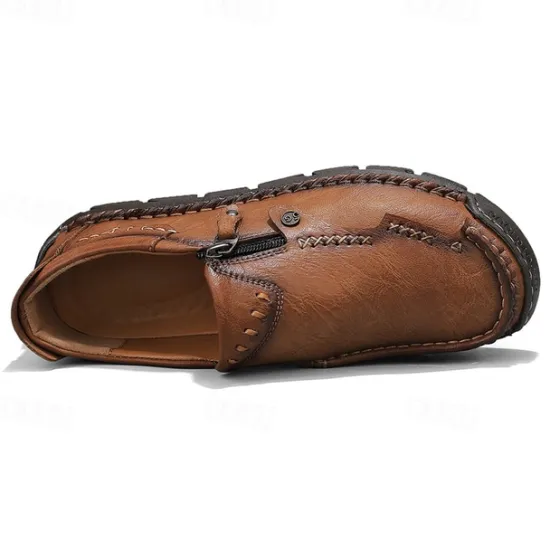 Hot OUKU Men's Brown Faux Leather Slip-On Loafers with Side Zipper and Hand-Stitched Details – Comfortable Casual Shoes for Work, Travel, and Daily Wear