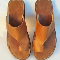 Clearance OUKU Men's Brown Faux Leather Toe Loop Sandals with Hand-Stitched Details - Vintage Style Slip-On Summer Footwear