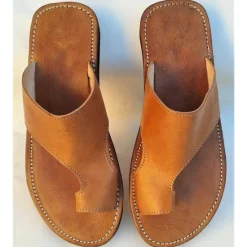 Clearance OUKU Men's Brown Faux Leather Toe Loop Sandals with Hand-Stitched Details - Vintage Style Slip-On Summer Footwear