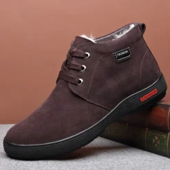 Online OUKU Men's Brown Faux Suede Winter Ankle Boots with Plush Lining – Warm Lace-Up Casual Shoes for Cold Weather