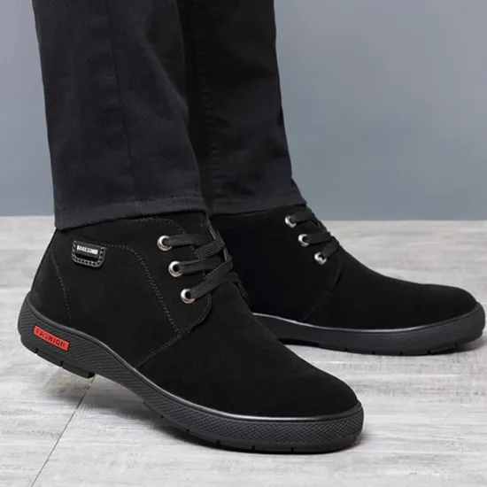 Online OUKU Men's Brown Faux Suede Winter Ankle Boots with Plush Lining – Warm Lace-Up Casual Shoes for Cold Weather
