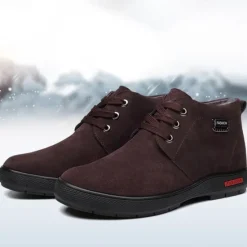 Online OUKU Men's Brown Faux Suede Winter Ankle Boots with Plush Lining – Warm Lace-Up Casual Shoes for Cold Weather
