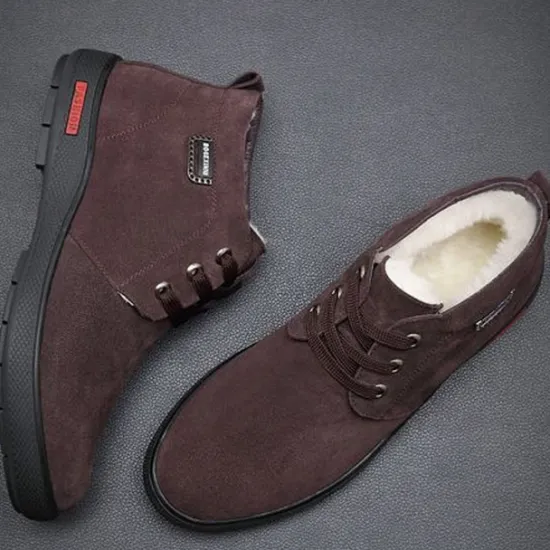 Online OUKU Men's Brown Faux Suede Winter Ankle Boots with Plush Lining – Warm Lace-Up Casual Shoes for Cold Weather