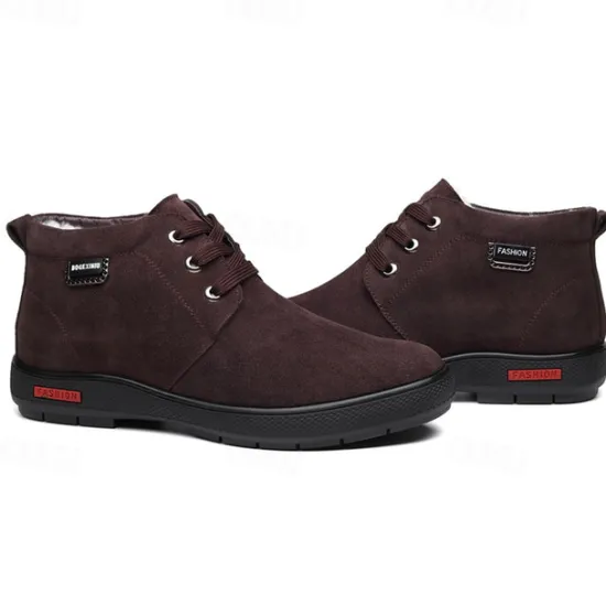 Online OUKU Men's Brown Faux Suede Winter Ankle Boots with Plush Lining – Warm Lace-Up Casual Shoes for Cold Weather