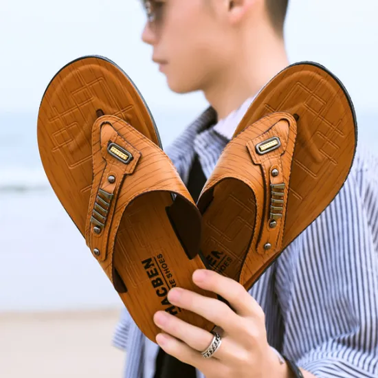 Hot OUKU Men's Brown Flip-Flop Sandals – Stylish & Comfortable Slip-On Slippers with Metal Accents for Casual Wear & Beach Outings