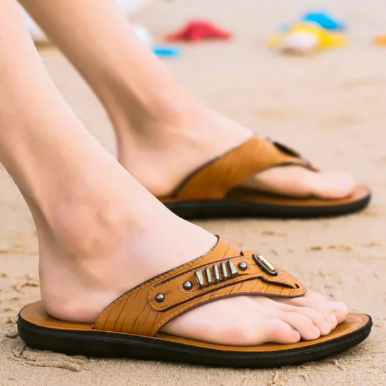 Hot OUKU Men's Brown Flip-Flop Sandals – Stylish & Comfortable Slip-On Slippers with Metal Accents for Casual Wear & Beach Outings