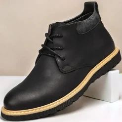 Clearance OUKU Men's Brown Leather Ankle Boots with Lace-Up Design and Durable Sole – Stylish Casual Footwear for Everyday and Outdoor Wear
