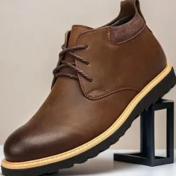 Clearance OUKU Men's Brown Leather Ankle Boots with Lace-Up Design and Durable Sole – Stylish Casual Footwear for Everyday and Outdoor Wear