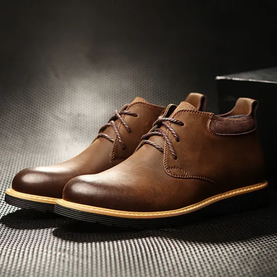 Clearance OUKU Men's Brown Leather Ankle Boots with Lace-Up Design and Durable Sole – Stylish Casual Footwear for Everyday and Outdoor Wear