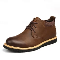 Clearance OUKU Men's Brown Leather Ankle Boots with Lace-Up Design and Durable Sole – Stylish Casual Footwear for Everyday and Outdoor Wear