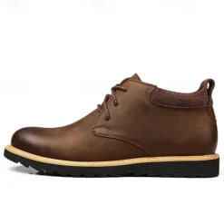 Clearance OUKU Men's Brown Leather Ankle Boots with Lace-Up Design and Durable Sole – Stylish Casual Footwear for Everyday and Outdoor Wear