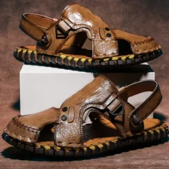 Best OUKU Men's Brown Leather Sandals with Adjustable Strap and Stylish Stitching – Comfortable and Durable for Casual Outings, Beach and Everyday Wear
