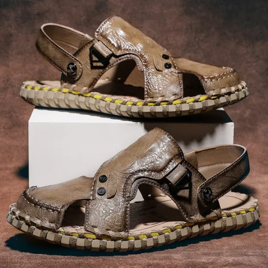 Best OUKU Men's Brown Leather Sandals with Adjustable Strap and Stylish Stitching – Comfortable and Durable for Casual Outings, Beach and Everyday Wear