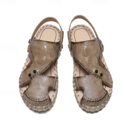 Best OUKU Men's Brown Leather Sandals with Adjustable Strap and Stylish Stitching – Comfortable and Durable for Casual Outings, Beach and Everyday Wear