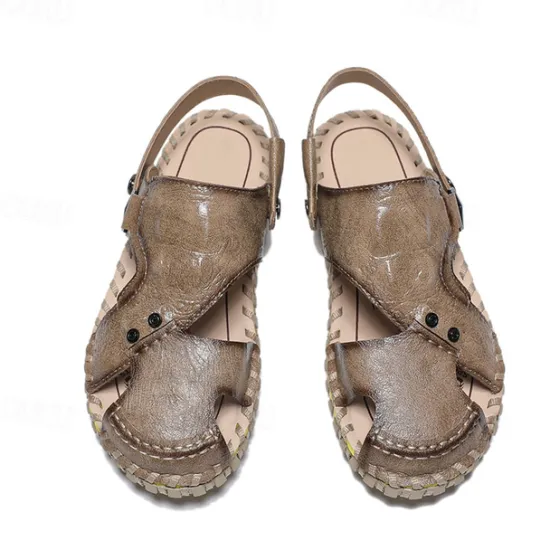 Best OUKU Men's Brown Leather Sandals with Adjustable Strap and Stylish Stitching – Comfortable and Durable for Casual Outings, Beach and Everyday Wear