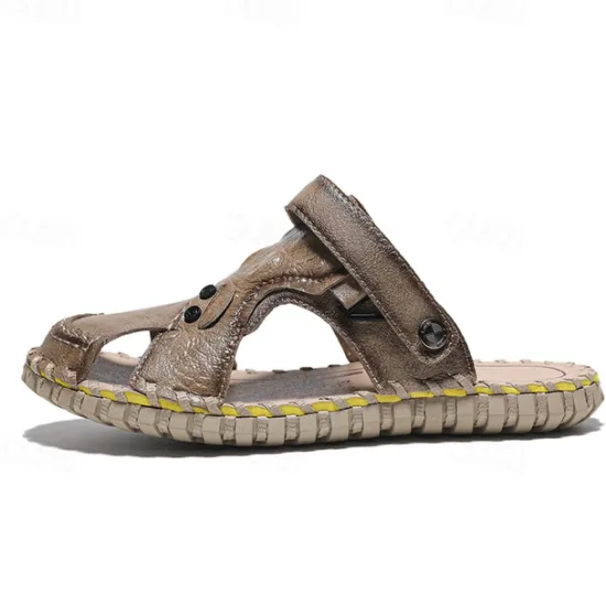 Best OUKU Men's Brown Leather Sandals with Adjustable Strap and Stylish Stitching – Comfortable and Durable for Casual Outings, Beach and Everyday Wear