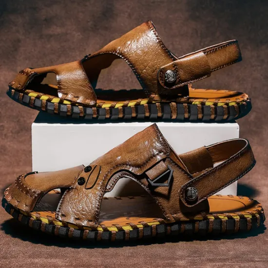 Best OUKU Men's Brown Leather Sandals with Adjustable Strap and Stylish Stitching – Comfortable and Durable for Casual Outings, Beach and Everyday Wear