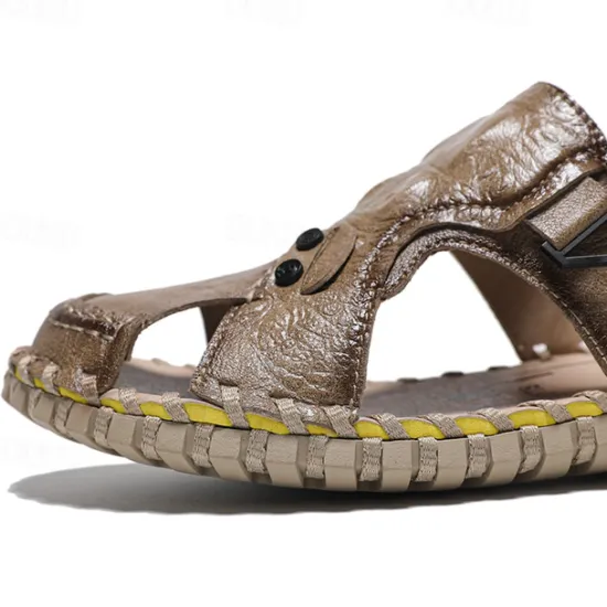 Best OUKU Men's Brown Leather Sandals with Adjustable Strap and Stylish Stitching – Comfortable and Durable for Casual Outings, Beach and Everyday Wear