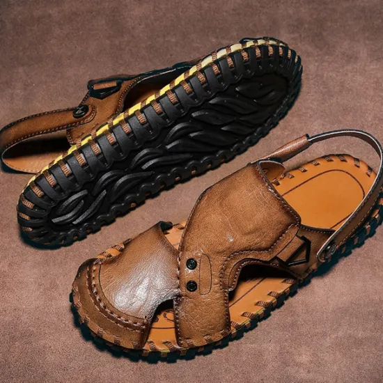Best OUKU Men's Brown Leather Sandals with Adjustable Strap and Stylish Stitching – Comfortable and Durable for Casual Outings, Beach and Everyday Wear