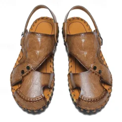 Best OUKU Men's Brown Leather Sandals with Adjustable Strap and Stylish Stitching – Comfortable and Durable for Casual Outings, Beach and Everyday Wear