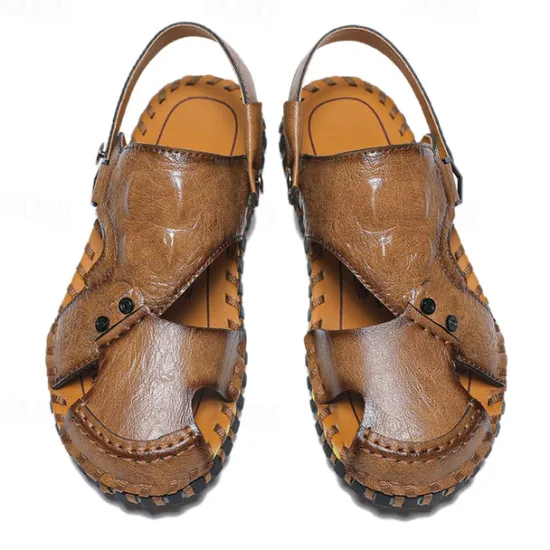 Best OUKU Men's Brown Leather Sandals with Adjustable Strap and Stylish Stitching – Comfortable and Durable for Casual Outings, Beach and Everyday Wear