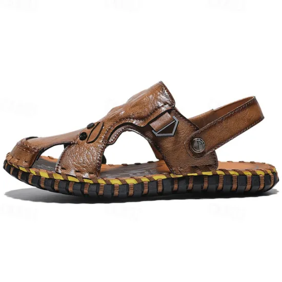 Best OUKU Men's Brown Leather Sandals with Adjustable Strap and Stylish Stitching – Comfortable and Durable for Casual Outings, Beach and Everyday Wear