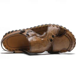 Best OUKU Men's Brown Leather Sandals with Adjustable Strap and Stylish Stitching – Comfortable and Durable for Casual Outings, Beach and Everyday Wear