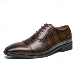 Clearance OUKU Men's Brown Plaid Pattern Oxford Dress Shoes – Faux Leather Lace-Up Formal Shoes for Office and Business Wear