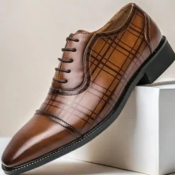 Clearance OUKU Men's Brown Plaid Pattern Oxford Dress Shoes – Faux Leather Lace-Up Formal Shoes for Office and Business Wear