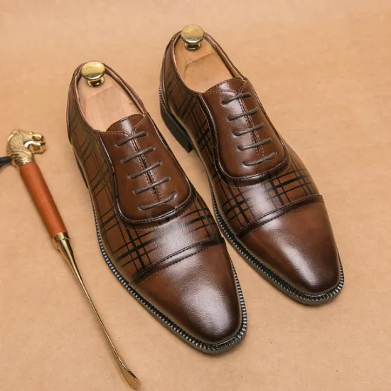 Clearance OUKU Men's Brown Plaid Pattern Oxford Dress Shoes – Faux Leather Lace-Up Formal Shoes for Office and Business Wear