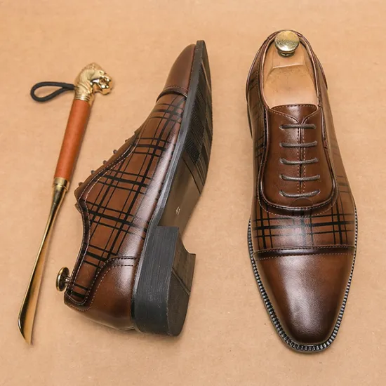 Clearance OUKU Men's Brown Plaid Pattern Oxford Dress Shoes – Faux Leather Lace-Up Formal Shoes for Office and Business Wear