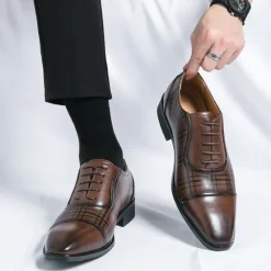 Clearance OUKU Men's Brown Plaid Pattern Oxford Dress Shoes – Faux Leather Lace-Up Formal Shoes for Office and Business Wear